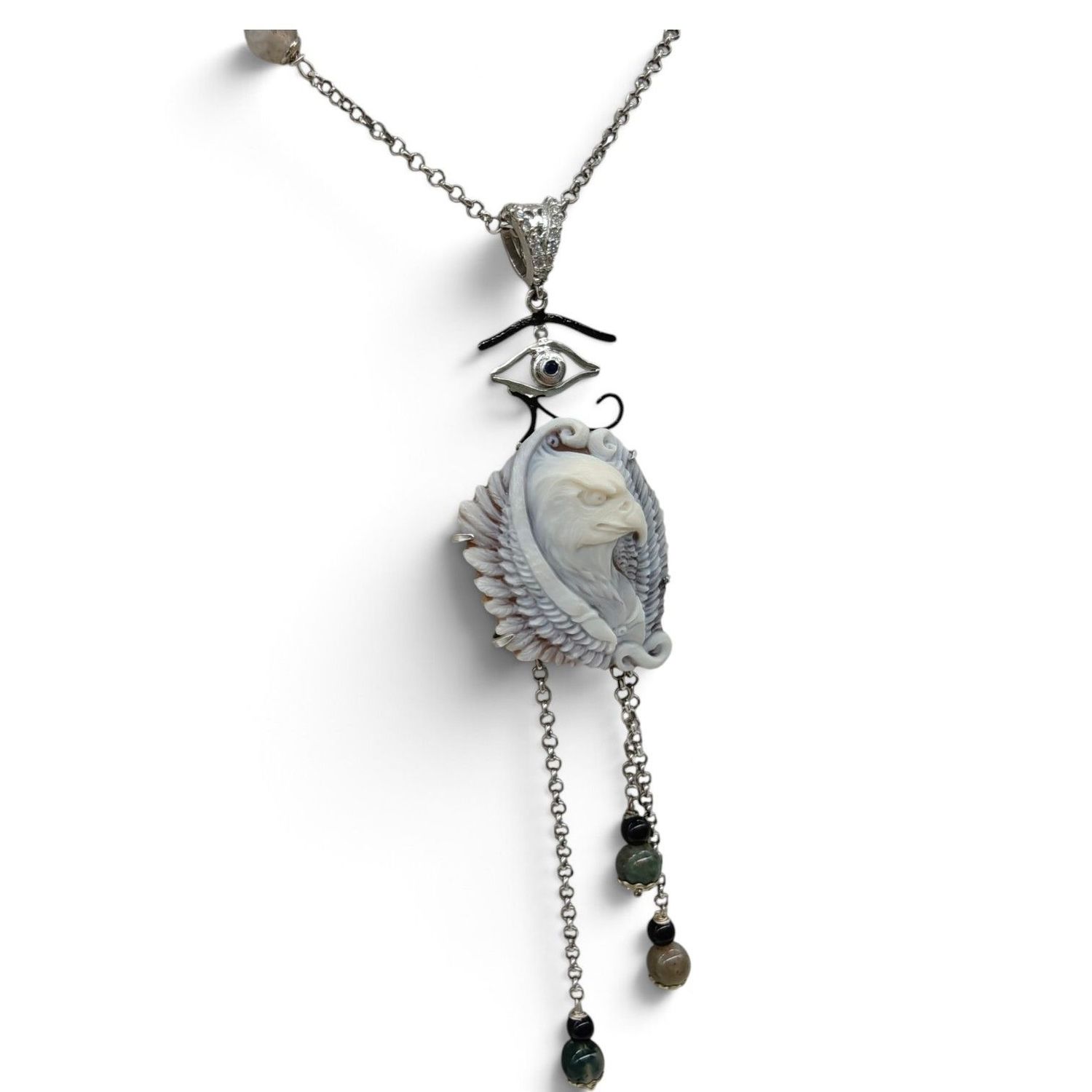 Collana in Argento 925 con Aquila incisa su Cameo e Agata grigia e nera
