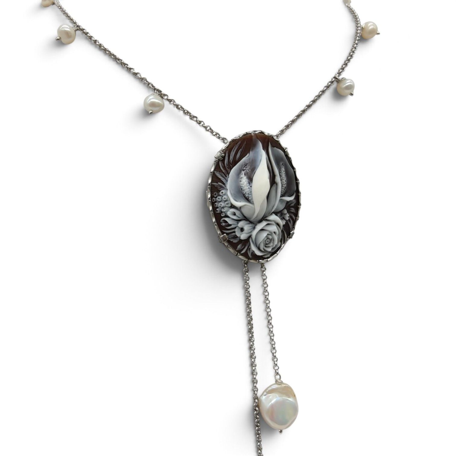 Collana in Argento 925 con Cameo Sardonico, Perle di Fiume e Scaramazza