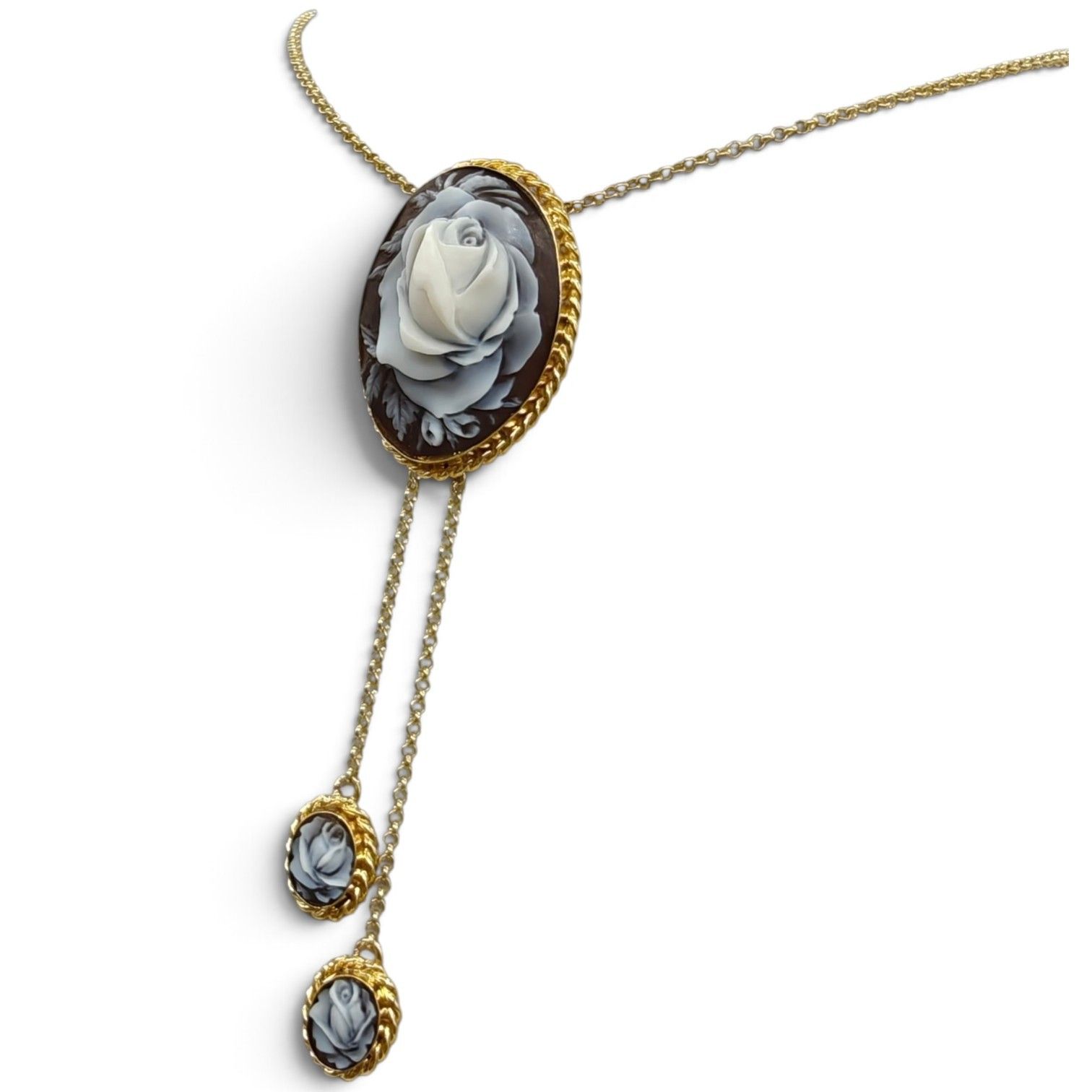 Collana in Argento 925 Placcato in Oro con Cameo Ovale e Due Camei sotto