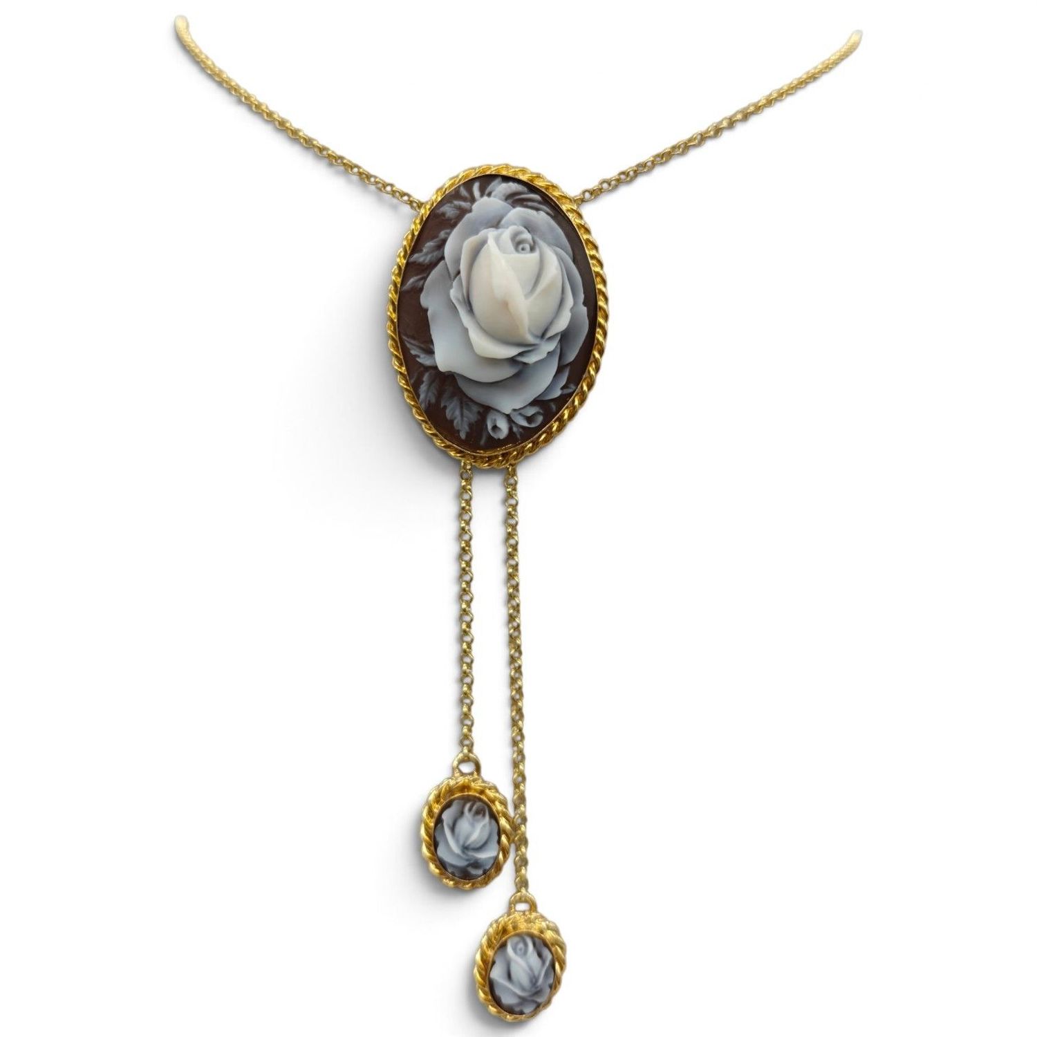 Collana in Argento 925 Placcato in Oro con Cameo Ovale e Due Camei sotto