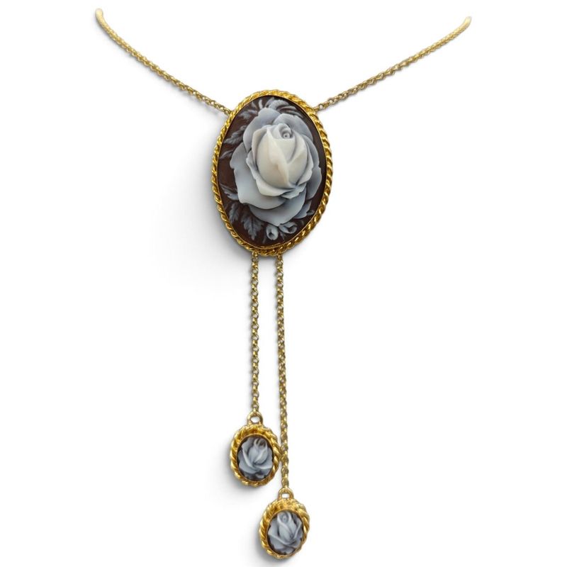 Collana in Argento 925 Placcato in Oro con Cameo Ovale e Due Camei sotto Collana in Argento 925 Placcato in Oro con Cameo Ovale e Due Camei sotto