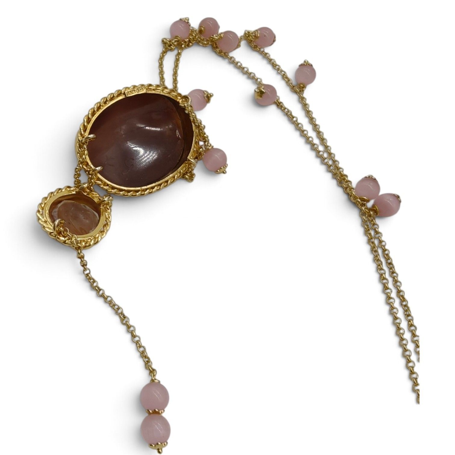Collana in Argento 925 Placcato in Oro con Cameo Sardonico e Pietre Rosa Occhi di Gatto