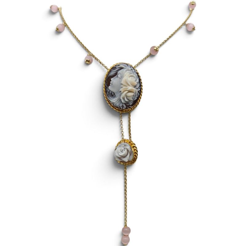 Collana in Argento 925 Placcato in Oro con Cameo Sardonico e Pietre Rosa Occhi di Gatto Collana in Argento 925 Placcato in Oro con Cameo Sardonico e Pietre Rosa Occhi di Gatto