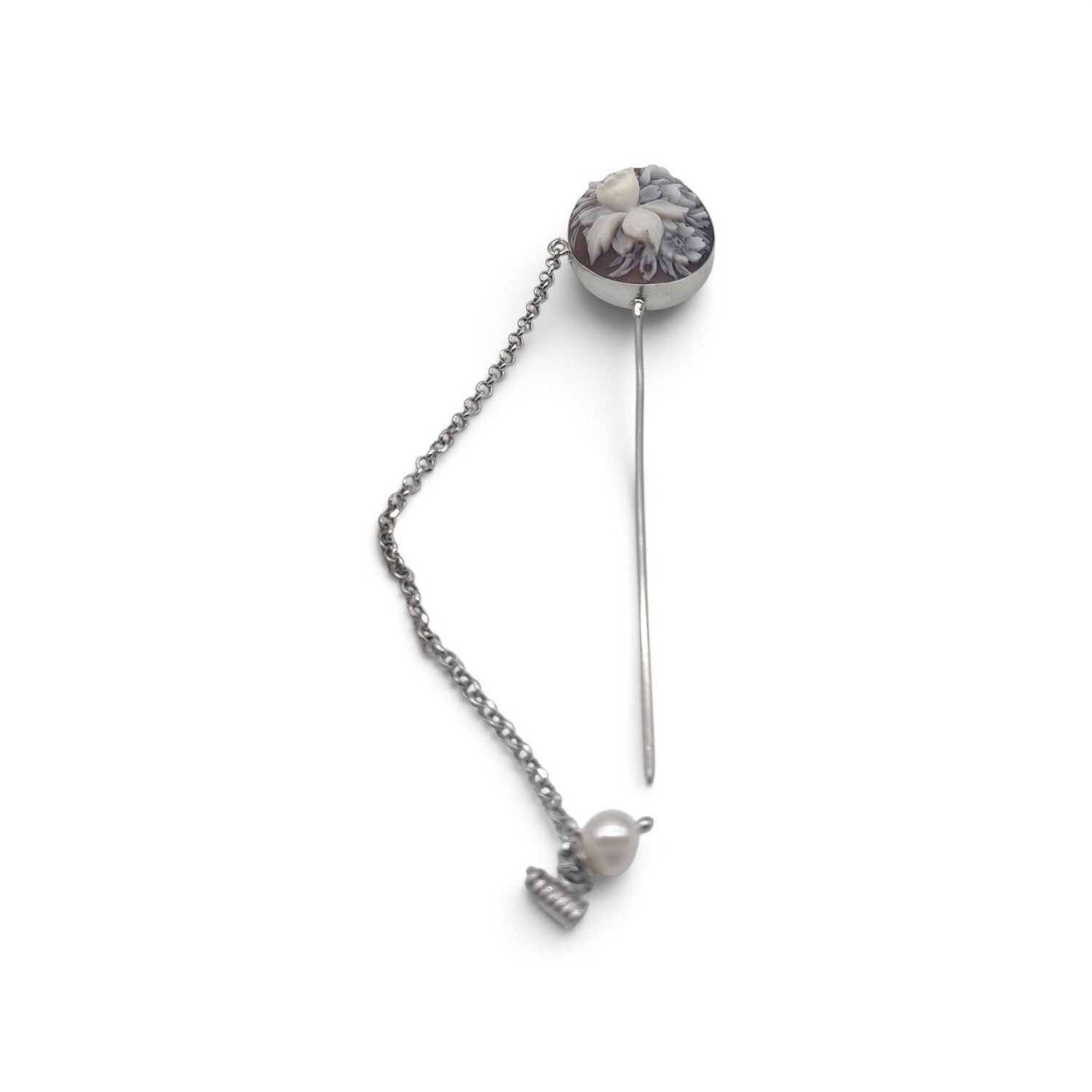 Spillone in Argento 925 con Cameo Floreale Inciso a Mano 25 mm Spilla 95 mm