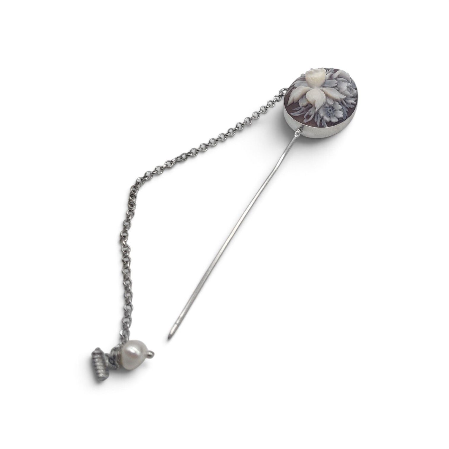 Spillone in Argento 925 con Cameo Floreale Inciso a Mano 25 mm Spilla 95 mm