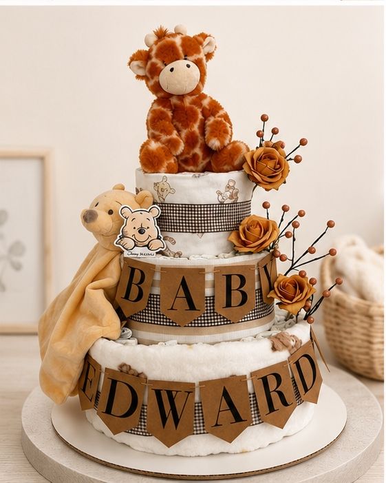Personalised Winnie & Giraffe 3 Tier Nappy Cake