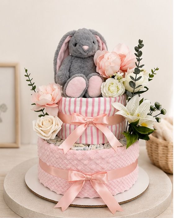 Pink Bunny 2 Tier Nappy Cake