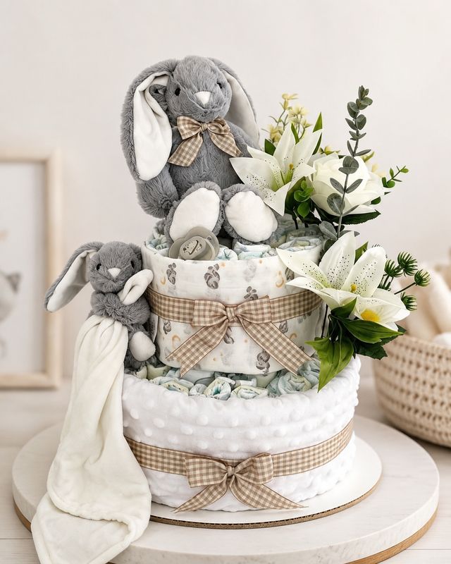 2 Tier Bunny Neutral Nappy Cake