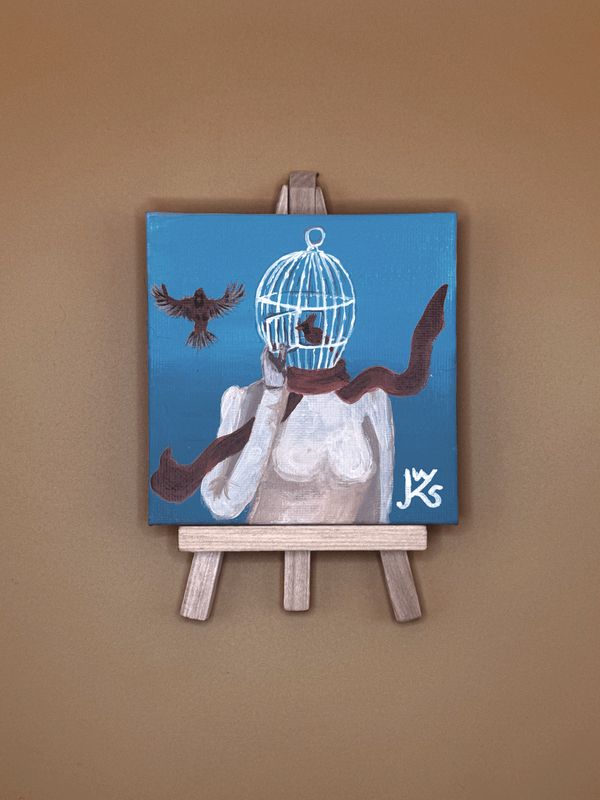Modernes Gemälde „Ausgeflogen“ – Surreales Porträt in Blau, Weiß und Rot - handgemalt auf Minileinwand
