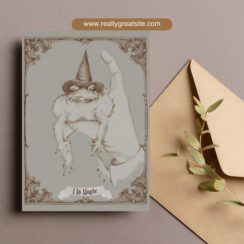 Magic Toad - Postkarte mit lustigem Tarotmotiv und braunem Kraftpapierumschlag