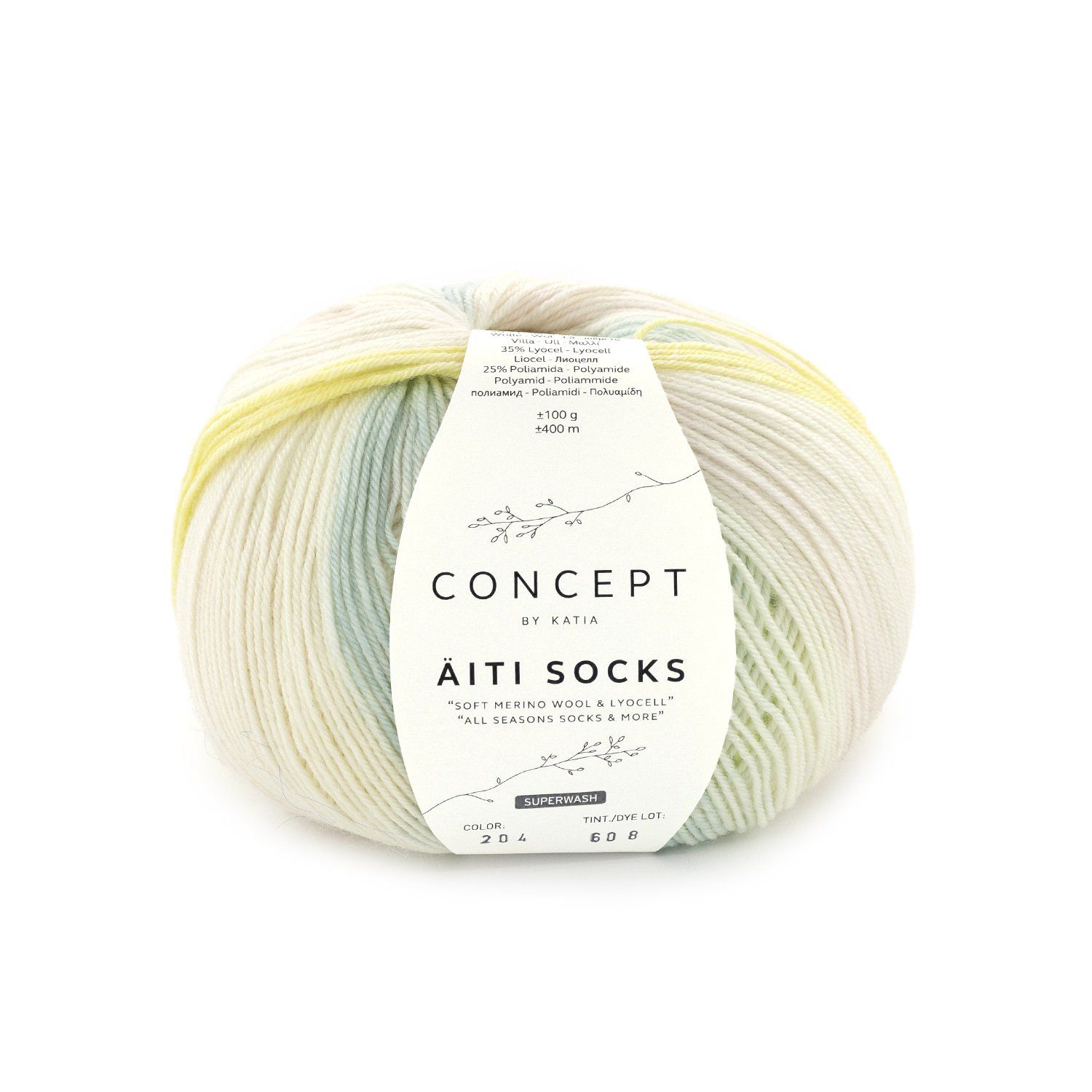 Katia Äiti Socks &amp;More | 204 Water blauw-Citroengeel-Kauwgom roze-Groen