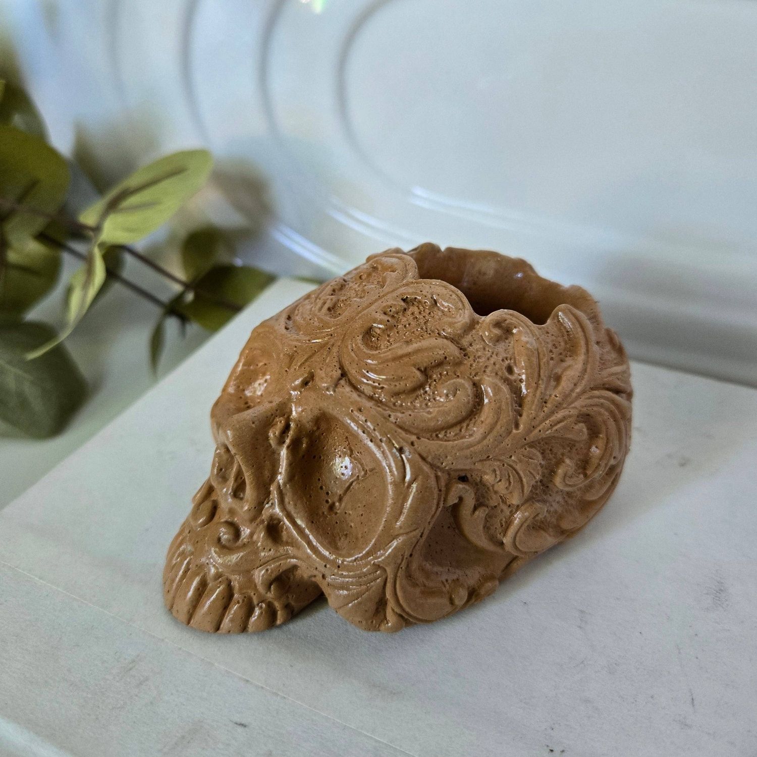 Vintage Skull Mini Planter, Color: Caramel