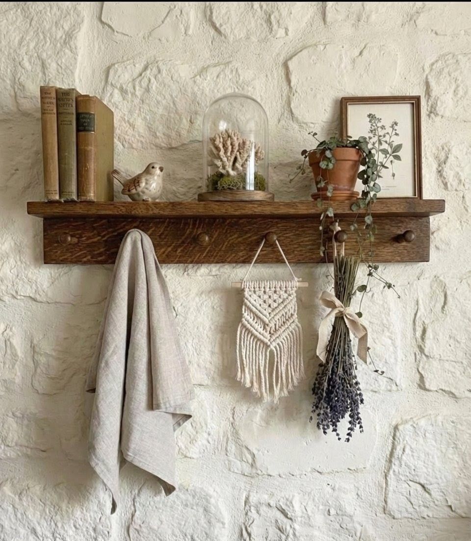 Rustic Farmhouse Wooden Wall Shelf with Shaker Peg Rack – Warm Walnut Finish Rustic Farmhouse Wooden Wall Shelf with Shaker Peg Rack – Warm Walnut Finish