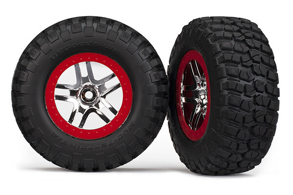 Traxxas Tire &amp; wheel assy, glued (S1 compound) (SCT Split-Spoke, chrome red beadlock wheel, BFGoodrich® Mud-Terrain™ T/A® KM2 tires, inserts) (2) (2WD front) 5877R