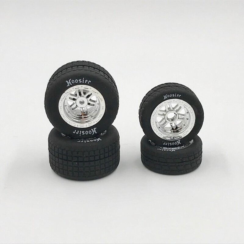 1RC FR/RR Soft Tires &amp; Chrome Wheels, Hoosier, 1/18 Midget (4) 5529