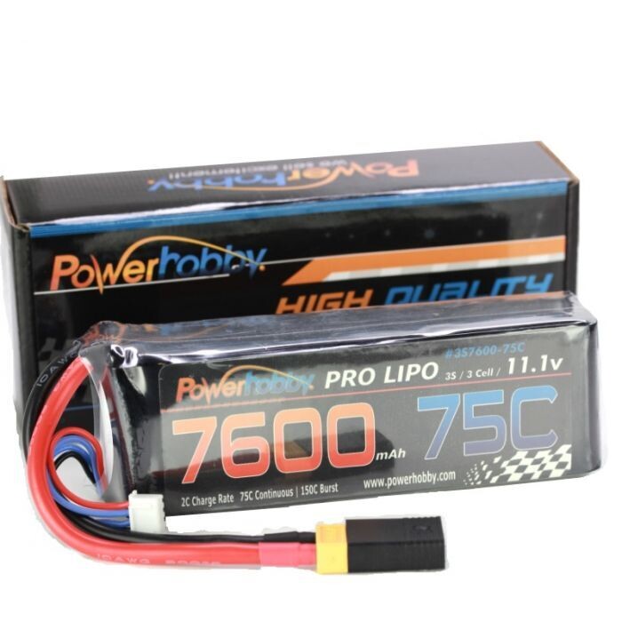 Powerhobby 3s 11.1v 7600mah 75c Lipo Battery w XT60 Plug + Traxxas Adapter PHB3S760075XT60