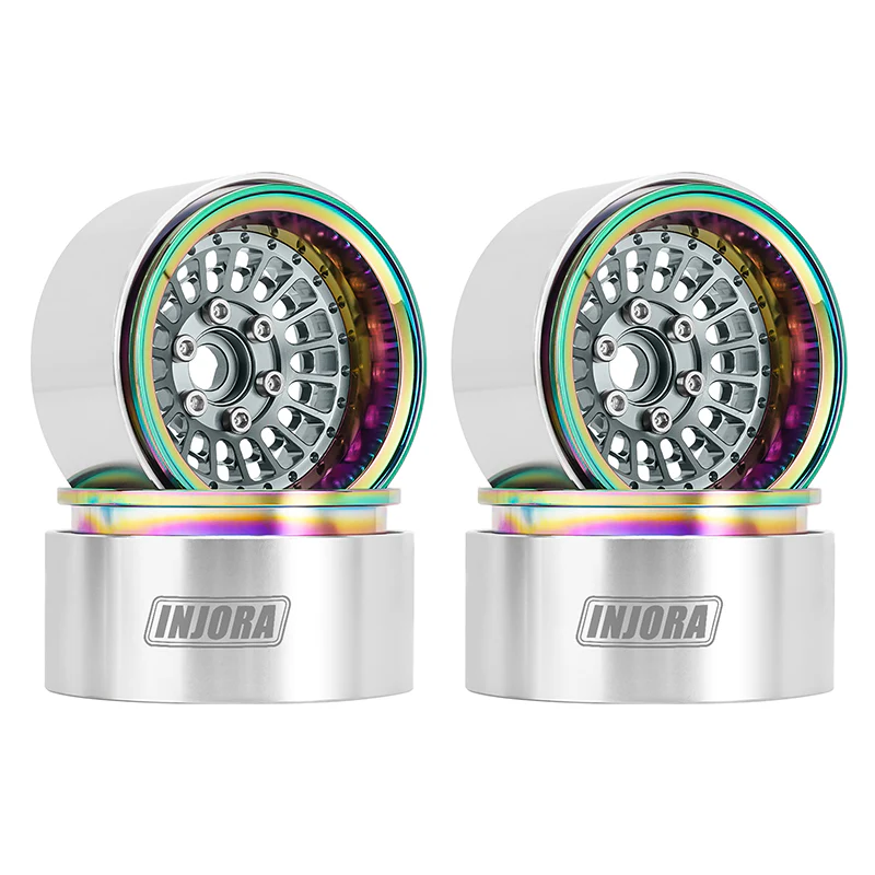 INJORA Turbine 1.9&quot; Aluminum Grey Beadlock Wheels with Rainbow Rings Offset -10mm (4) (W1955) DGW-1955GLR