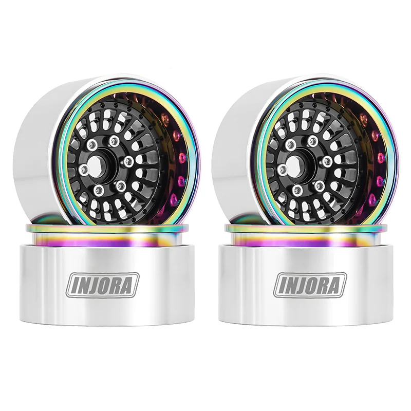 INJORA Turbine 1.9&quot; Aluminum Black Beadlock Wheels with Rainbow Rings Offset -10mm (4) (W1955) DGW-1955BKR