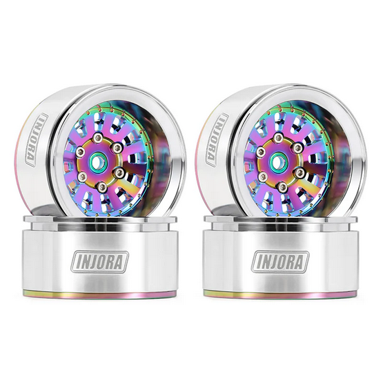 INJORA 1.55&quot; CNC Aluminium Beadlock Rainbow Wheels Rainbow and Titanium Ring DGW-1502RW