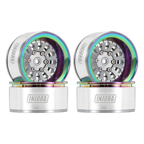 INJORA 1.55&quot; CNC Aluminium Beadlock Rainbow Wheels Titanium Face with Rainbow Ring DGW-1502RL