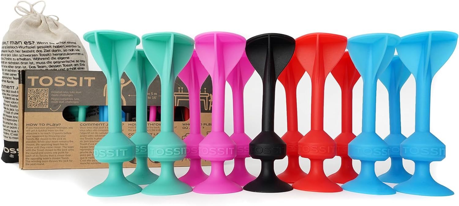 TOSSIT Game Suction Cup Darts, Toss Game Perfect Family and Party, Silicone Throwing Game for Backyard, Indoor and Outdoor Fun, Family Pack, Red Cyan Pink Light Blue
