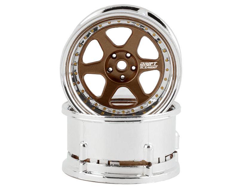 DS Racing Drift Element 6 Spoke Drift Wheels (Bronze &amp; Chrome w/Gold Rivets) (2) (Adjustable Offset) w/12mm Hex DSC-DE-222