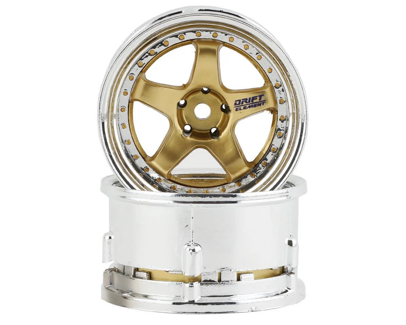 DS Racing Drift Element 5 Spoke Drift Wheels (Gold &amp; Chrome w/Gold Rivets) (2) (Adjustable Offset) w/12mm Hex DSC-DE-018