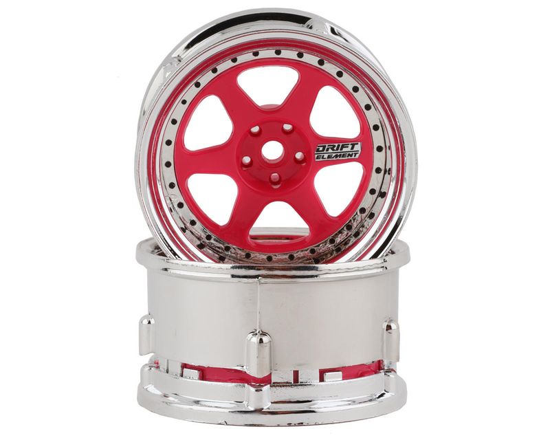 DS Racing Drift Element 6 Spoke Drift Wheels (Pink Face/Chrome Lip/Black Rivets) (Adjustable Offset) w/12mm Hex DSC-DE-224
