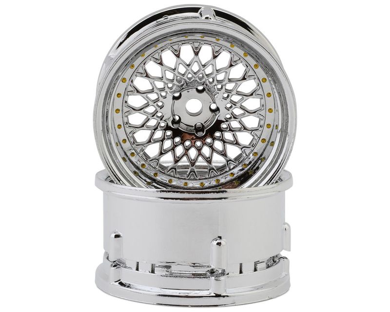 DS Racing Element Mesh Drift Wheels (Tri Chrome w/Gold Rivets) (2) (Adjustable Offset) (2) w/12mm Hex DSC-DE-309