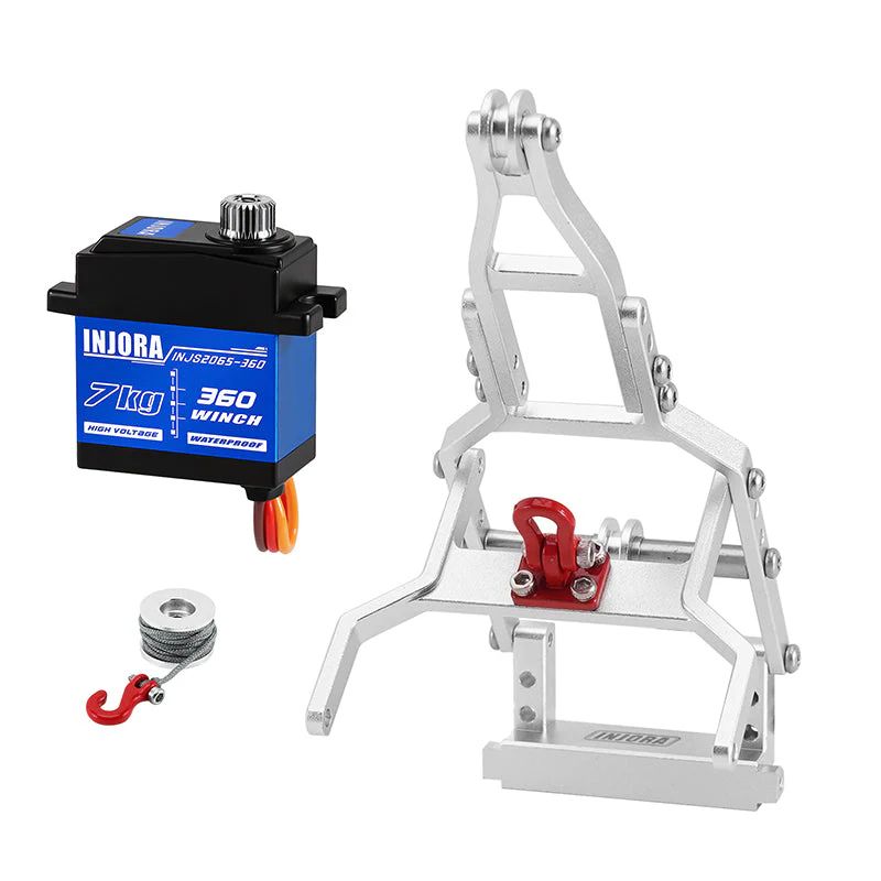 INJORA Tow Truck Crane Kit &amp; INJS2065-360 Winch Servo (Silver) INJS2065-360-115SR