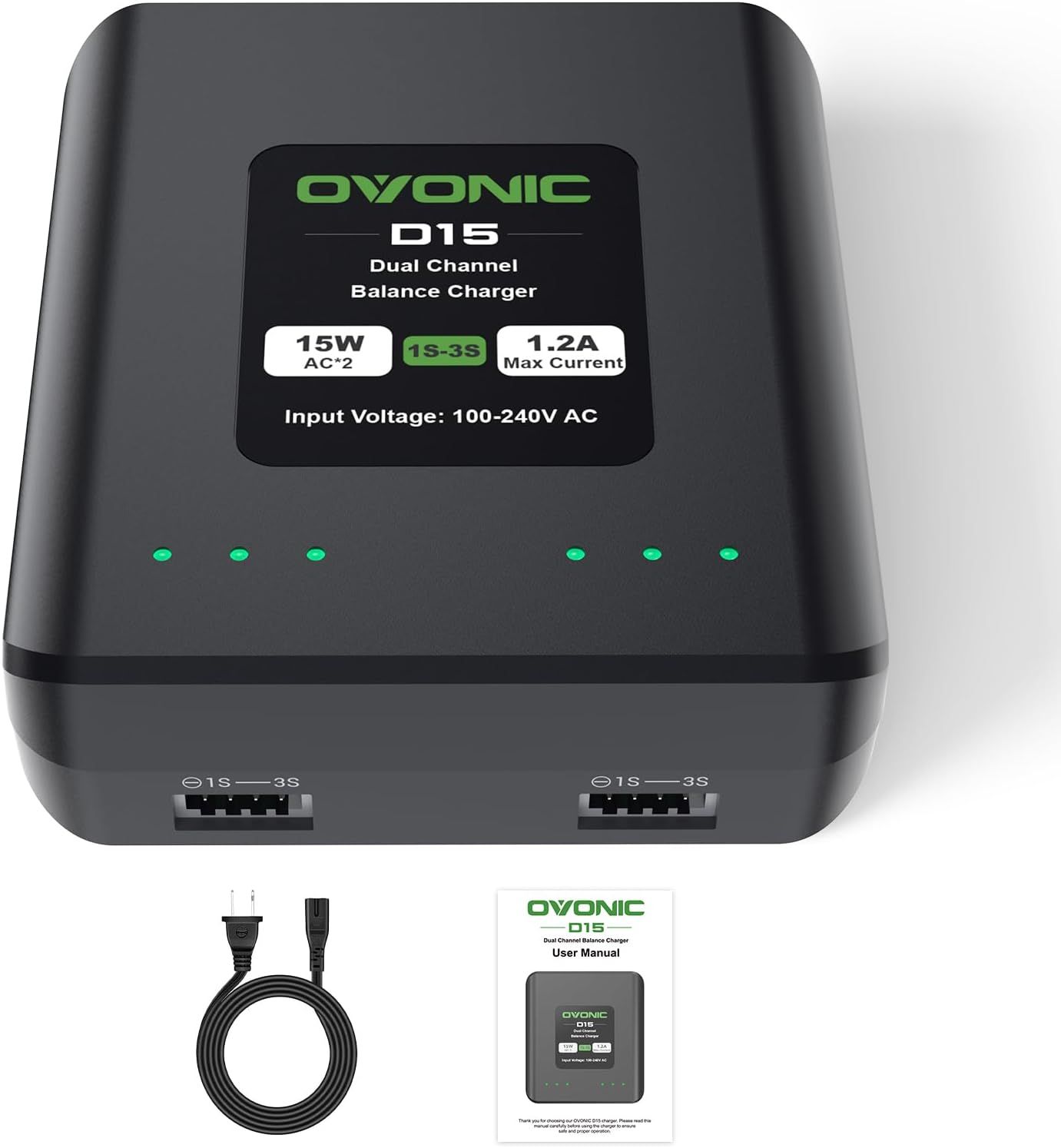 OVONIC D15 Dual LiPo Battery Charger AC 15W 1.2A for 1S 2S 3S Lipo Batteries