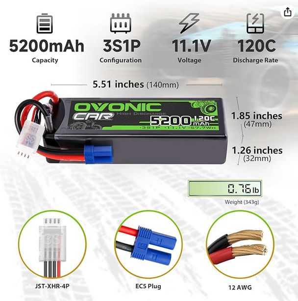 OVONIC 3S LiPo Battery 11.1V 5200mAh 120C with EC5 Plug