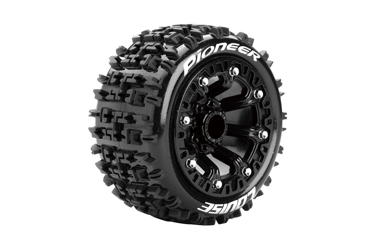 Louise R/C ST-Pioneer 1/16 2.2" Stadium Truck Tires, 12mm Hex, Soft, Mounted on Black Rim, Front/Rear (2) LOULT3278SB