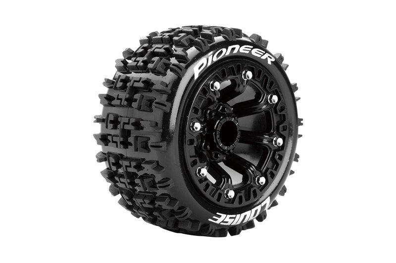 Louise R/C ST-Pioneer 1/16 2.2" Stadium Truck Tires, 12mm Hex, Soft, Mounted on Black Rim, Front/Rear (2) LOULT3278SB