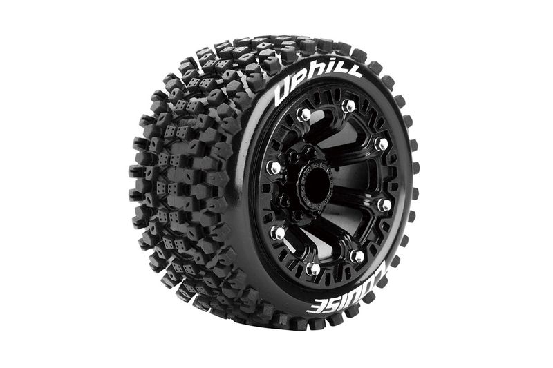Louise R/C ST-Uphill 1/16 Stadium Truck Tires, 12mm Hex, Soft, Mounted on Black Spoke Rim, Front/Rear (2) LOULT3279SB