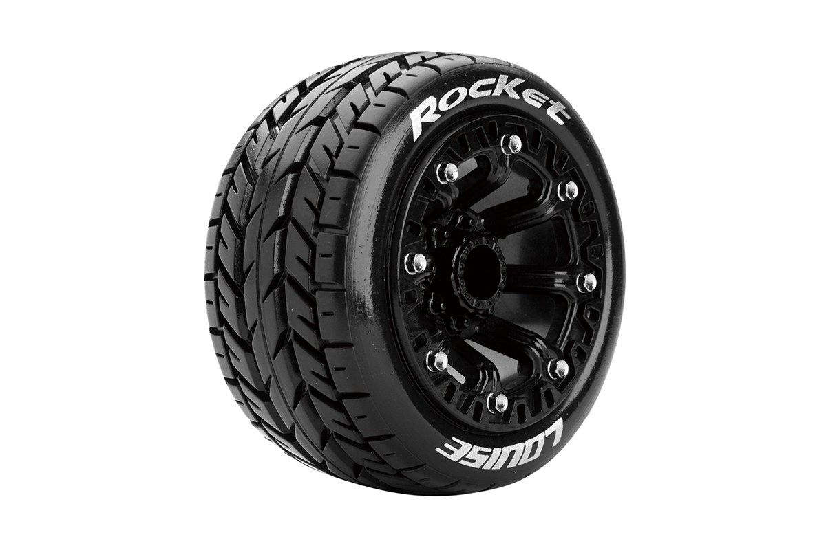 Louise R/C ST-Rocket 1/16 Stadium Truck Tires, 12mm Hex, Soft, Mounted on Black Spoke Rim, Front/Rear (2) LOULT3188SB