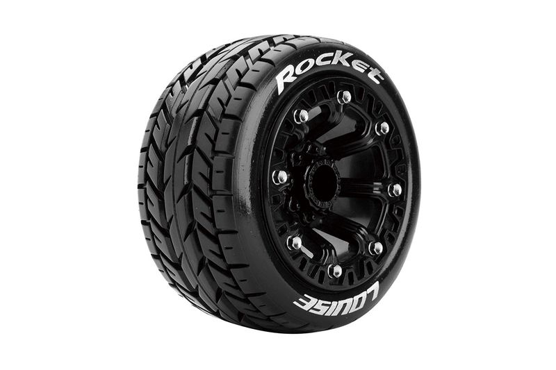 Louise R/C ST-Rocket 1/16 Stadium Truck Tires, 12mm Hex, Soft, Mounted on Black Spoke Rim, Front/Rear (2) LOULT3188SB