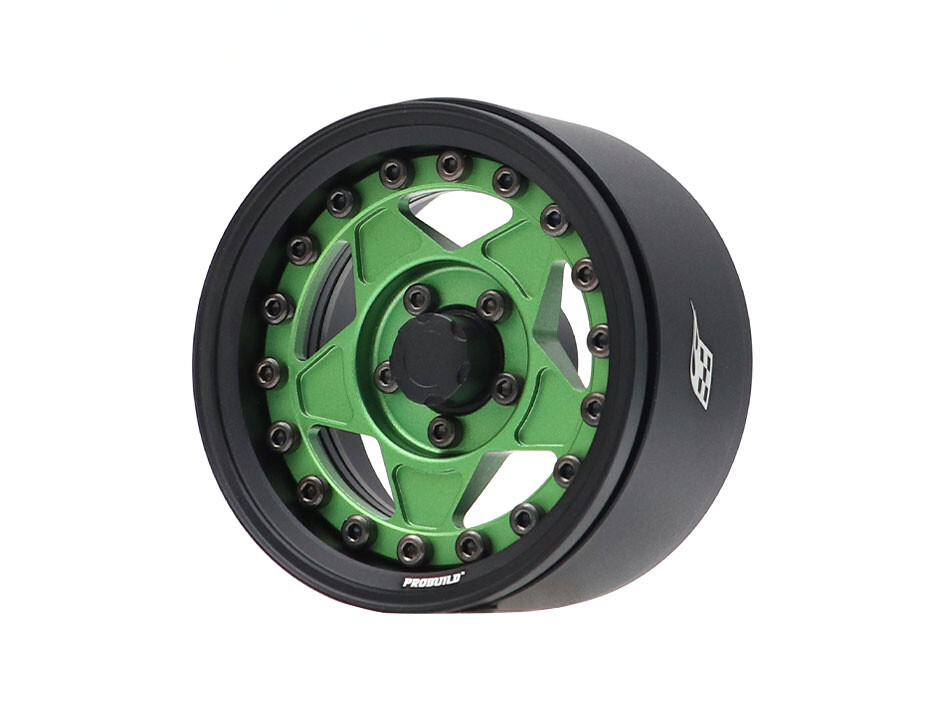 Boom Racing ProBuild™ 1.9" RTS Adjustable Offset Aluminum Beadlock Wheels (2) Matte Black/Matte Green BRPB073MBKG