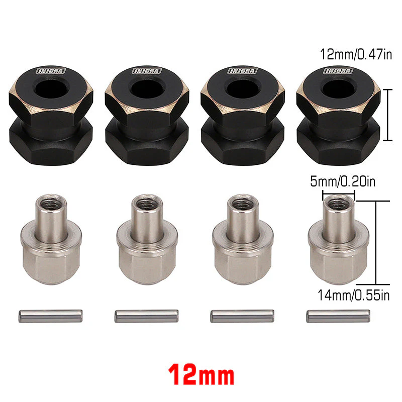 INJORA 4PCS 12mm Black Coating Brass Wheel Hex Hub Extenders (12mm) YQ-JH09-12