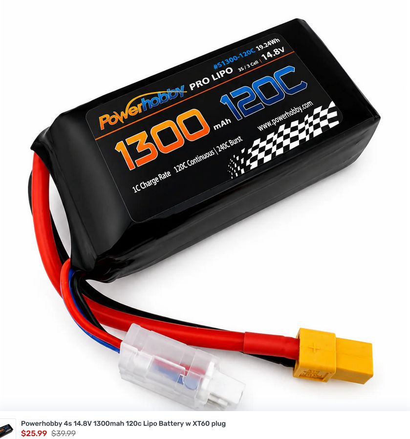 Powerhobby 4s 14.8V 1300mah 120c Lipo Battery w XT60 plug PHB4S1300MAH120CXT60