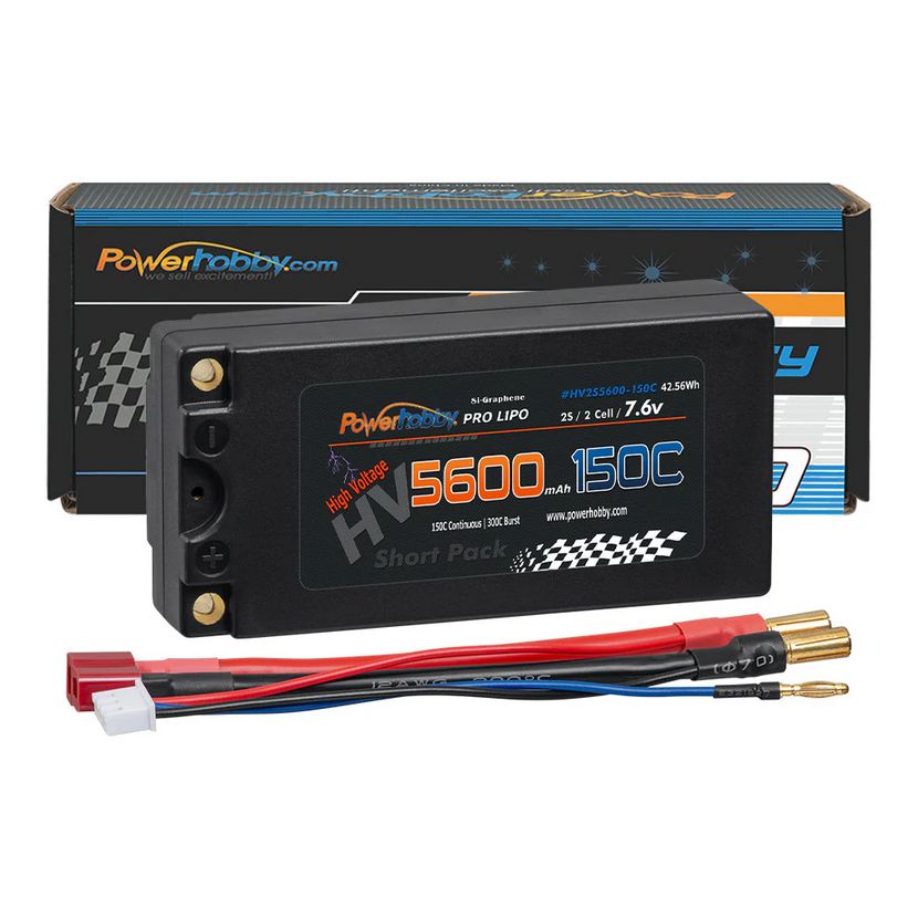 Powerhobby 2S 7.6V 5600mah 150C HV + Graphene Shorty Lipo Battery 5MM BULLETS PHB2S5600150DNS