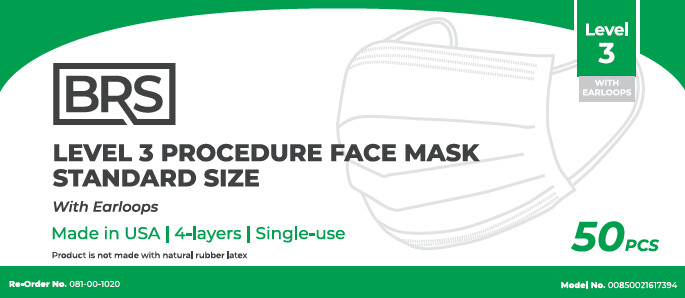 1 Box of 50 BRS Mask, ASTM F2100 Level 3 Medical, Standard Size, 4 Layer Facemask, ($0.253 per mask)