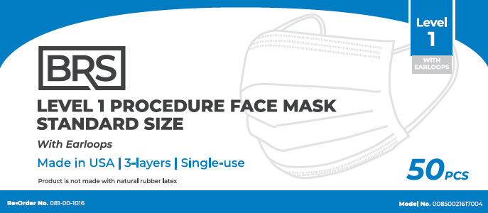 1 BOX of 50 BRS Mask, ASTM F2100 Level 1 Medical, Standard Size, 3 Layer Facemask, 50 masks, ($0.22 each per mask)