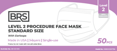 1 Case of 600 BRS Mask, ASTM F2100 Level 2 Medical, Standard Size, 3 Layer Facemask, 600 masks, 1 case of twelve (12) fifty (50) count boxes of masks ($0.21 each)