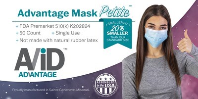 Avid Advantage Petite Mask, ASTM F2100 Level 1 Medical, Petite Size, 3 Layer Facemask, 500 masks, 1 case of ten (10) fifty (50) count boxes of masks ($0.2846 each)
