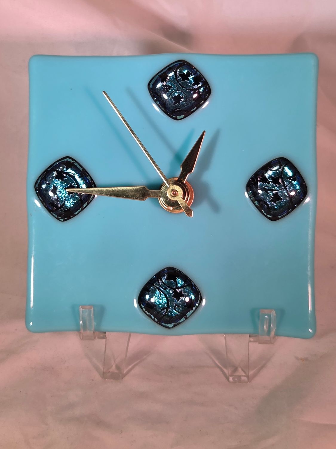 Fused Dichroic Glass in Turquoise Clock
