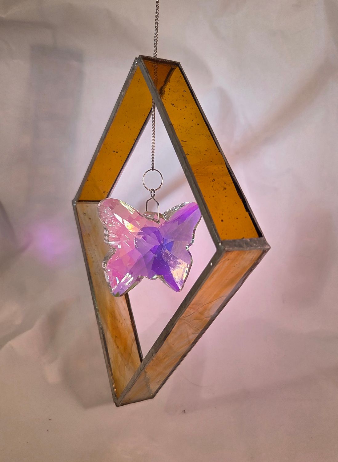 Golden-Yellow Stained Glass with AB Butterfly Crystal Suncatcher