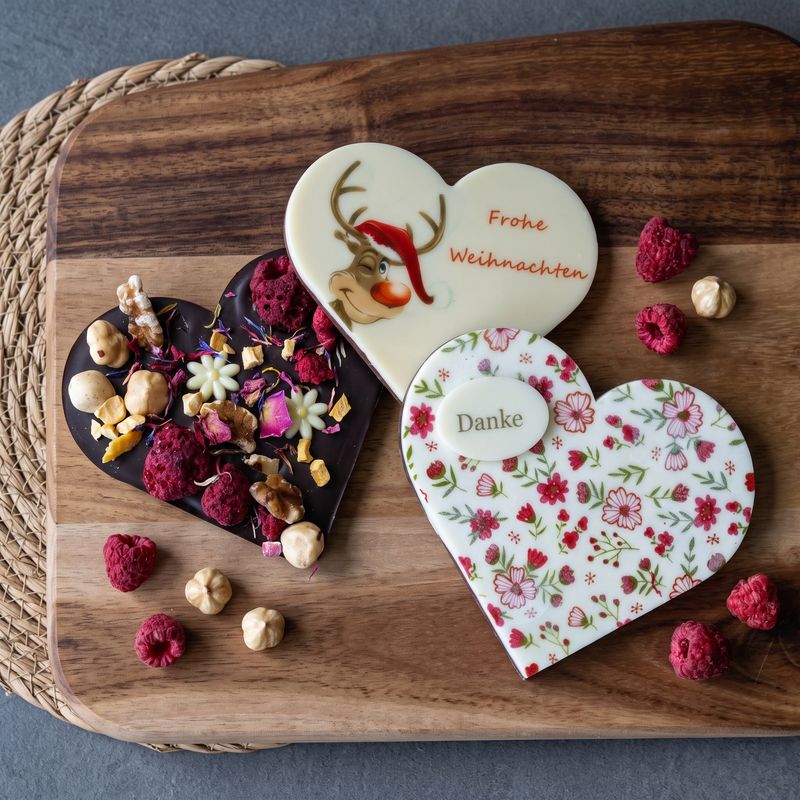 Schokoladenherz „Danke“ oder bunt – Vollmilch oder Zartbitter – Chocolaterie Die Ise Hamburg