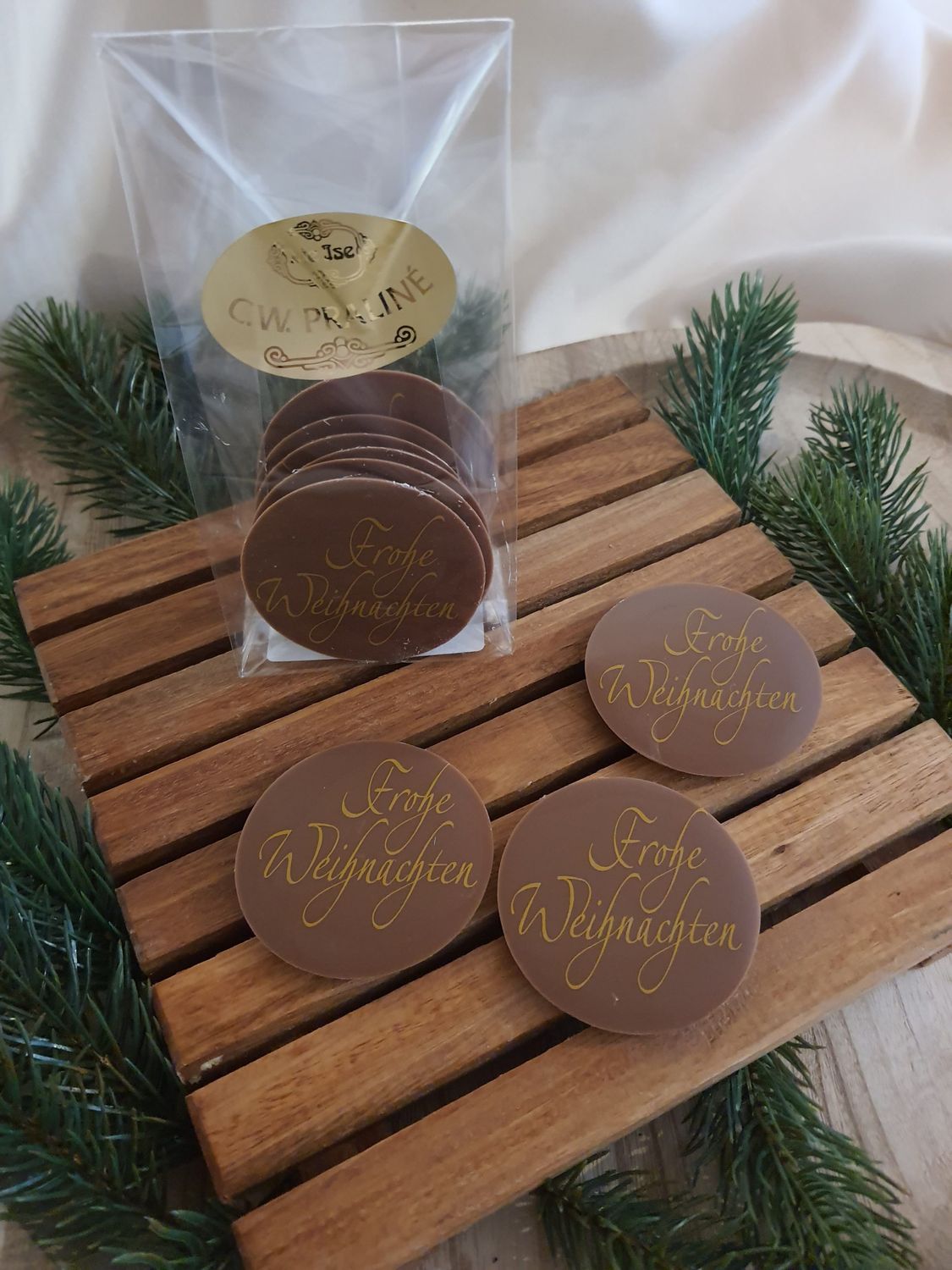 Schokoladentaler „Frohe Weihnachten“ Vollmilch – 6 Stück – Chocolaterie Die Ise Hamburg