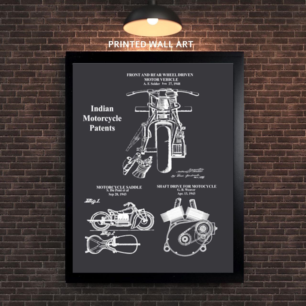 Printed Indian Motorcycle Patents Print – Vintage Patent Art, 11x14- Blackboard -  US Shipping Included